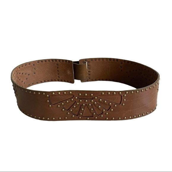 (SOLD) MICHAEL KORS Wide Cognac Brown Leather Belt Embellished With Studs S/M - Picture 4 of 8